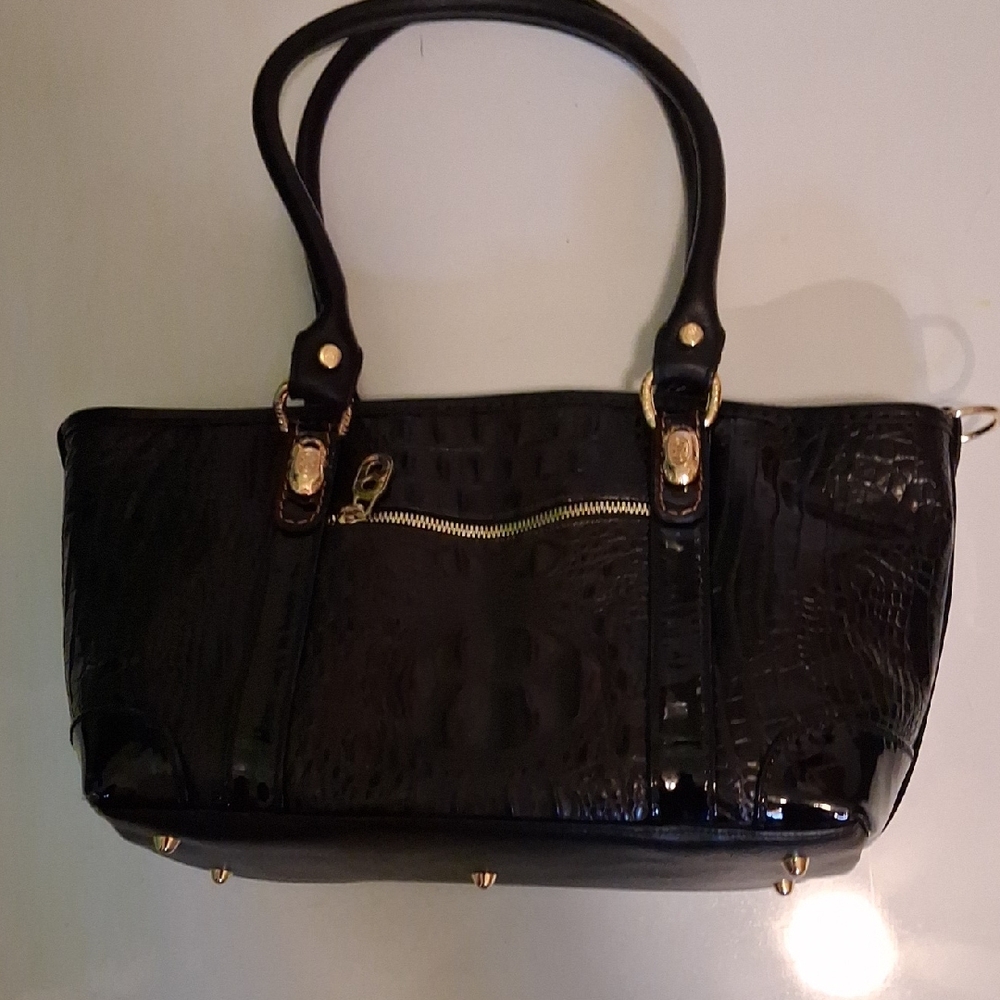 Black Patent Croc-Embossed Tote with Gold Over Kay Hardware.